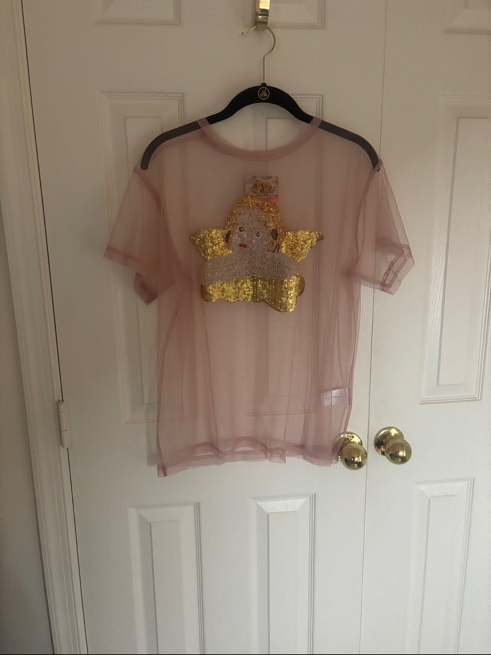 Sheer Mauve Pink Sequin Angel Patch Top NWT by Unlogical Poem - Picture 2 of 8